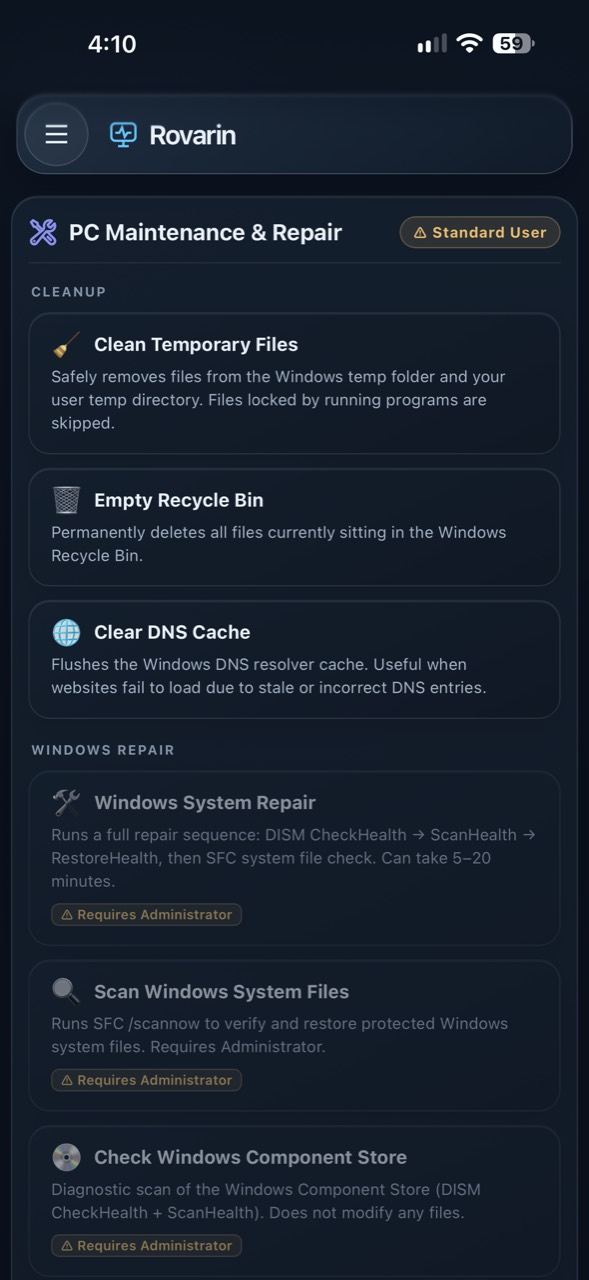 Rovarin Maintenance showing cleanup actions and administrator-only Windows repair tools